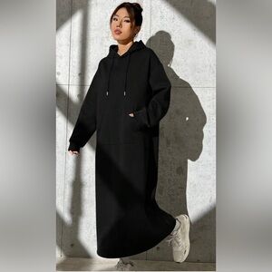 ❤️3-Small Left ! Black Hoodie Maxi Dress Front Pockets